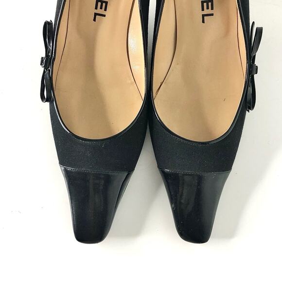 Chanel Retro Vintage Lagerfeld CC Bow Kitten Heel Pointed Toe Cap Toe Pumps 38 - Picture 3 of 11